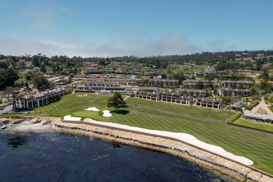 Coastal golf course and marina from the air