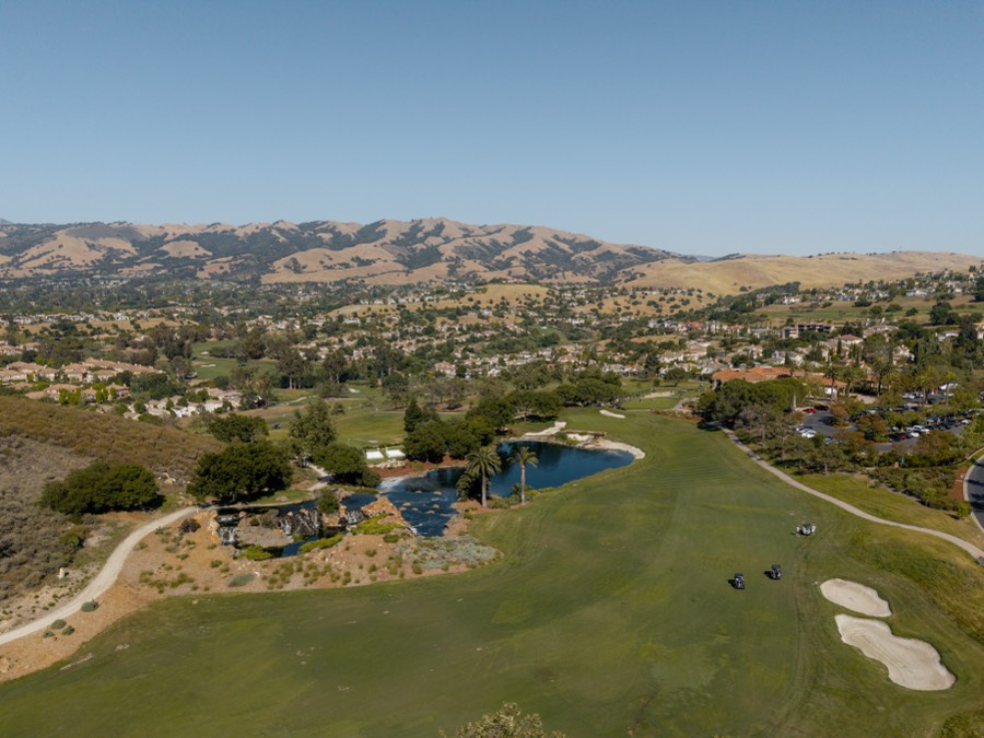 Aerial view of a course in a valley