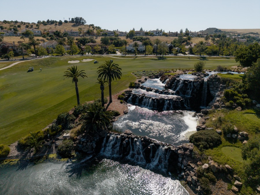Waterfall between fairways from the air